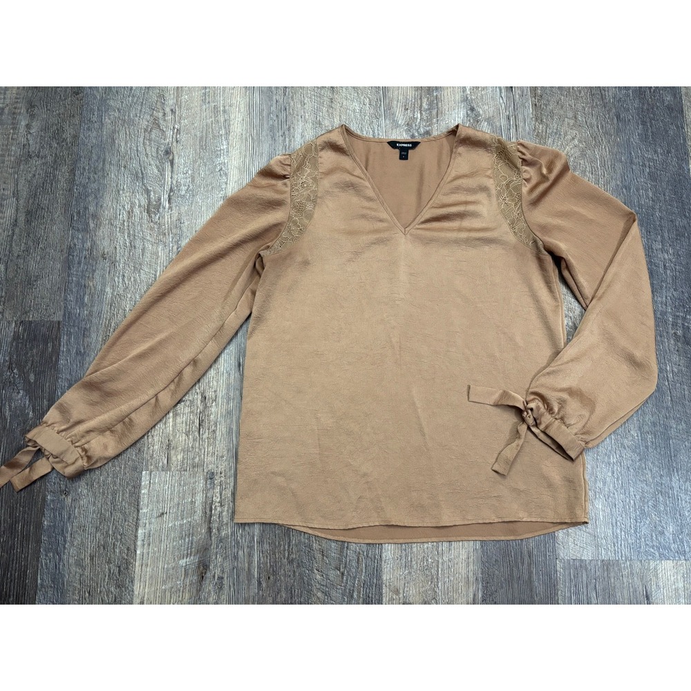 Express Womens Tan V-Neck Lace Shoulder Tie Cuff Long Sleeve Blouse Small